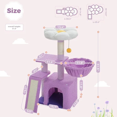 Vista 6 de PETEPELA Árbol de flores para gatos de interior, torre pequeña para gatos de 31.5 pulgadas, condominio con rampa rascador de sisal + poste rascador