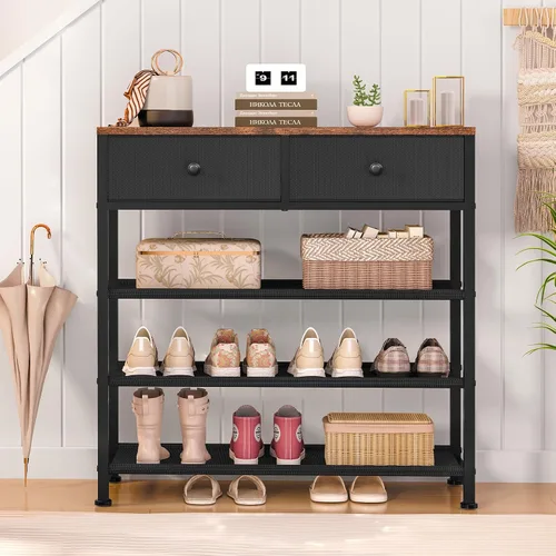 Vista 2 de usikey Zapatero, organizador de almacenamiento de zapatos de 4 niveles con 2 cajones, estante de zapatos de metal para 9-12 pares de zapatos, con 3