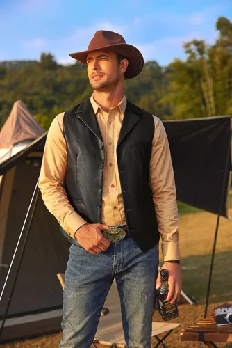Vista 3 de COOFANDY Chaleco de cuero para hombre, estilo casual, estilo occidental, ligero, con cuello en V, chaleco