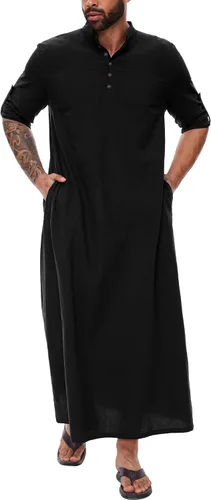 Vista 7 de YAOHUOLE Kaftan para hombre - Batas árabes islámicas con botones Blanco