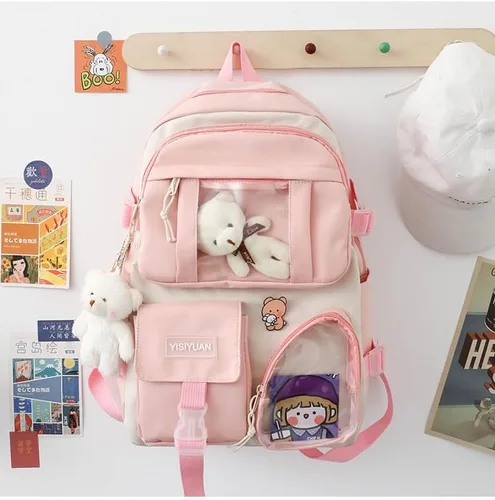 Vista 3 de HOKMAH Mochila Kawaii con pin Kawaii y accesorios, linda bolsa Y2K Ita Bag Daypack Itabag bolsa de uso diario bolsa de hombro, rosa con colgante