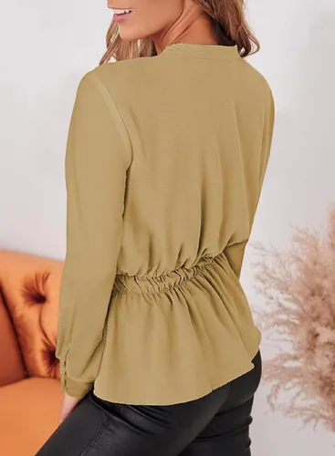 Vista 2 de Dokotoo Camisas de manga larga con botones para mujer, cuello en V, péplum, con lazo en la cintura, blusas casuales de trabajo