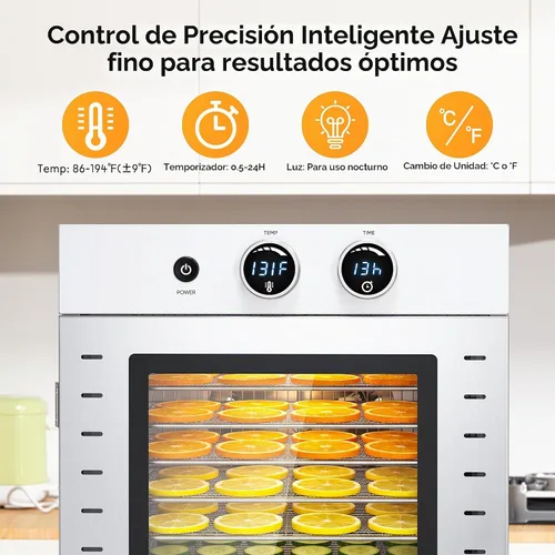 Vista 4 de VUSIGN Máquina deshidratadora de alimentos 12 bandejas de acero inoxidable 1000 W de doble ventilador de secado uniforme Control