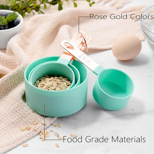 Vista 3 de Juego de tazas y cucharas medidoras con mango de acero inoxidable de oro rosa, 8 cucharadas apilables y precisas para medir ingredientes secos