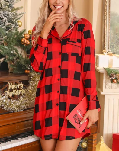 Vista 21 de Samring Camisón de pijama para mujer, manga corta/larga, con botones, camisón para dormir, camisón para novio, talla XXL