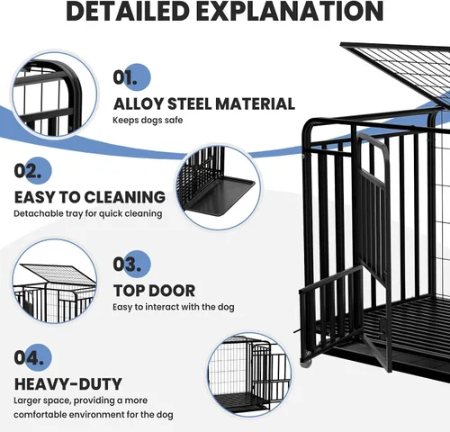 Vista 4 de Jaula de metal resistente para perros de 38 pulgadas, construcción de acero de aleación reforzada con puertas dobles, ruedas móviles y acabado
