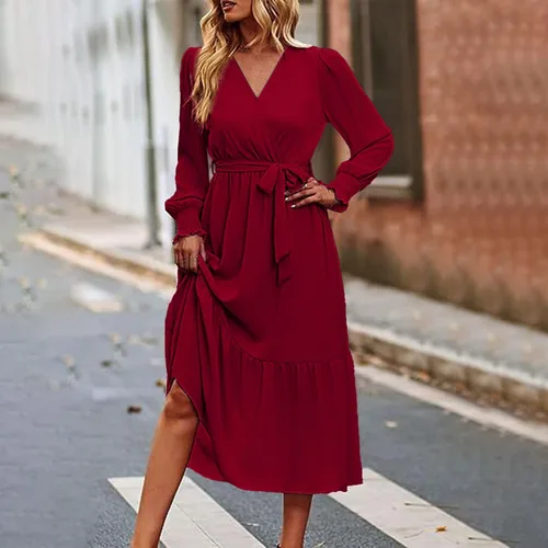 Vista 8 de Vestidos bohemios para mujer, vestido fiesta cóctel fluido gradas, puños ahumados, cuello en V, cintura con lazo