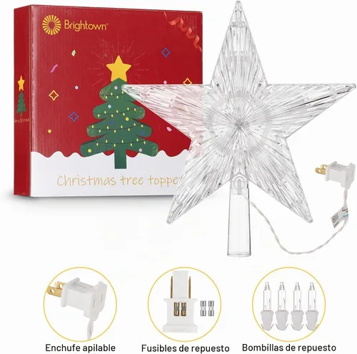 Vista 7 de Estrella iluminada para la punta del árbol de Navidad con 10 bombillas reemplazables integradas, estrella de cinco puntas transparente de 9.5