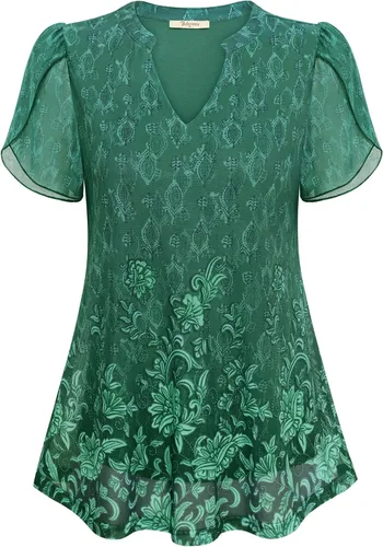 Vista 3 de Bebonnie Blusas de verano con volantes de manga corta para mujer, blusas elegantes florales