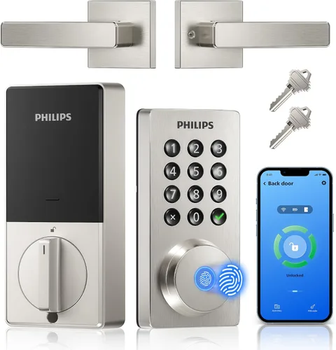 Vista 10 de Cerradura de puerta con teclado WiFi Philips con asa, WiFi incorporado, control remoto por APP, desbloqueo por voz y huellas dactilares, cerraduras