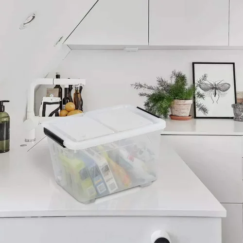 Vista 5 de Caja de almacenamiento de plástico transparente de 30 L con ruedas, paquete de 4 contenedores de plástico transparente Ultra-durable latching