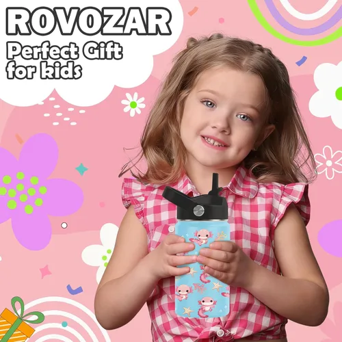 Vista 2 de Axolotl - Botella de agua de 12 onzas con tapa con pajilla, botella de agua de acero inoxidable con diseño de ajolotes para niñas, taza aislada