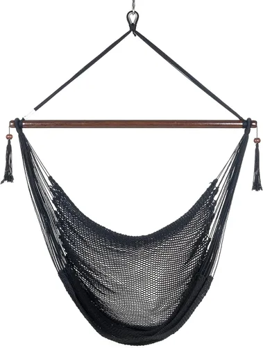 Vista 2 de Larga silla hamaca grande caribeña con reposapiés, 48 pulgadas, poliéster, silla de colgar., Negro