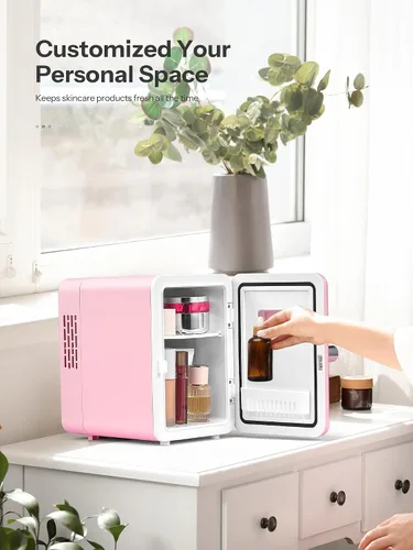 Vista 5 de Reemix Mini nevera, 4L/6 latas, enfriador portátil retro para uso doméstico de 120 V y 12 V CC, refrigerador para el cuidado de la piel para Rosa