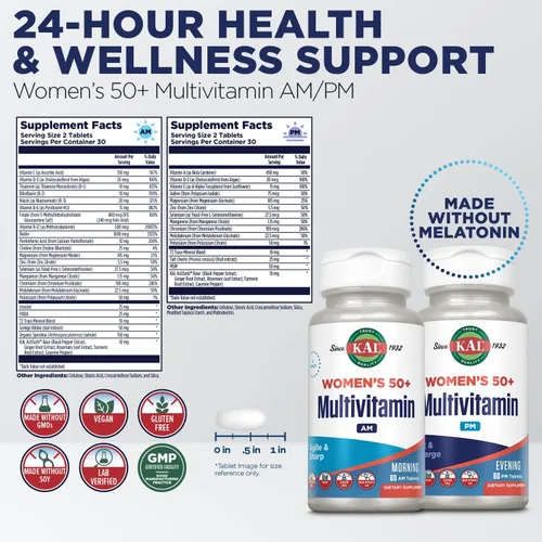 Vista 3 de KAL Plus Multivitamínico 2 en 1 para mujeres mayores de 50 años, vitamina B y D AM/PM, biotina, ginkgo biloba, fuerza ósea y apoyo inmunológico