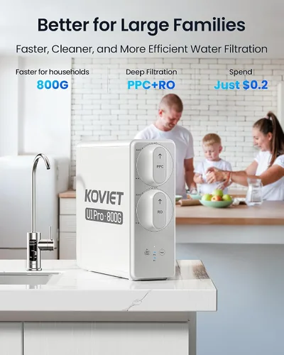 Vista 9 de KOVIET Sistema de ósmosis inversa U1 Pro, filtro de agua de ósmosis inversa sin tanque de 800GPD, sistema de filtración de agua RO de 10 etapas