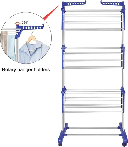 Vista 5 de Clothes Drying Rack Folding Clothes Rail 3 Tier Clothes Horses Rack Stainless Steel Laundry Garment Dryer Stand with Two Side Wings, Blue + Grey