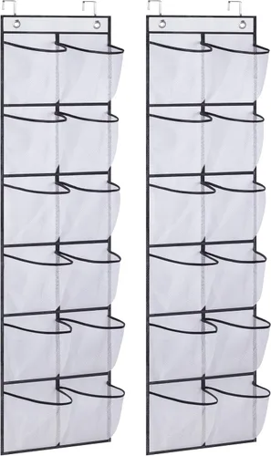 Vista 9 de MISSLO Organizador de zapatos sobre la puerta, 12 bolsillos grandes de malla para colgar puerta estrecha de armario, negro, paquete de 2