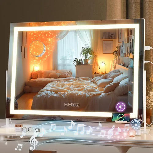 Vista 12 de Hasipu Espejo de tocador con luces y altavoz Bluetooth, espejo LED de maquillaje de 23.6 x 19.7 pulgadas, espejo iluminado con aumento de 10X