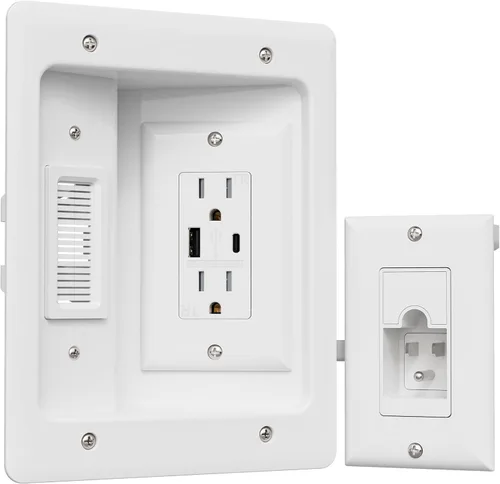 Vista 9 de Ocultacables de TV para TV montada en pared, kit de gestión de cables en pared, caja de tomacorriente – Ocultacables de doble tomacorriente