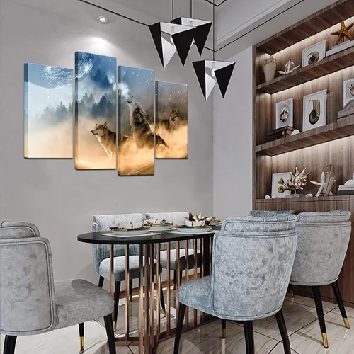 Vista 4 de Biuteawal - 4 piezas de arte de pared de animales de lobo aullando a la luna, póster de arte impreso de vida silvestre para decoración moderna