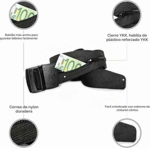 Vista 8 de Zero Grid Cinturón de seguridad de viaje negro, bolsillos ocultos