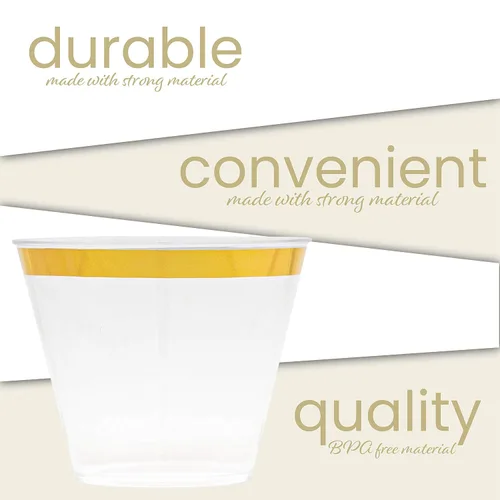 Vista 9 de PLASTICPRO Vasos de plástico desechables de 9 onzas, vasos de diseño antiguo, con borde dorado, 200 unidades, transparente Transparente con borde