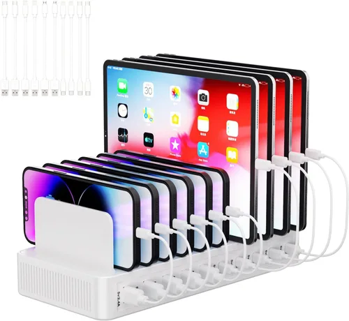 Vista 8 de Estación de carga de 60 W para múltiples dispositivos, estación de carga rápida USB de 10 puertos con divisores ajustables, base de carga