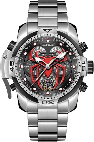 Vista 8 de REEF TIGER Diseño de moda Deporte Reloj mecánico automático Spider Dial con complicado Año Mes Calendario Relojes de pulsera de acero RGA3532SP