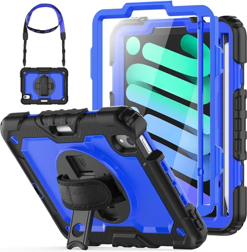 Vista 13 de HXCASEAC - Funda para iPad mini 7 (A17 Pro) / iPad mini 6 de 8,3 pulgadas, a prueba de golpes Pencil Holder Hand Strap Screen Protector