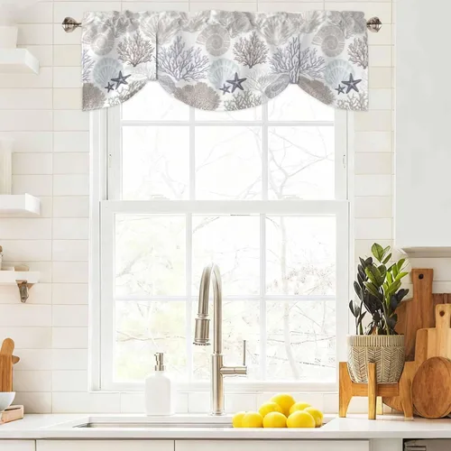Vista 2 de Cenefa de amarre para ventanas, cortinas náuticas costeras de coral, cenefas con bolsillo para barra, cortinas de ventana con temática de playa