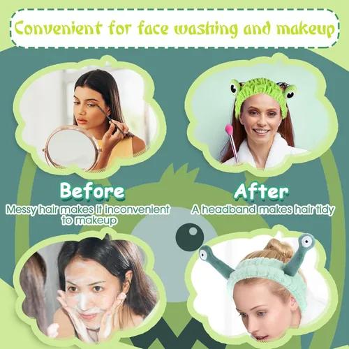 Vista 5 de Molain Diadema de rana para lavado de cara, bandas para el cabello de spa, diademas de maquillaje para mujeres, de dibujos animados, de forro polar