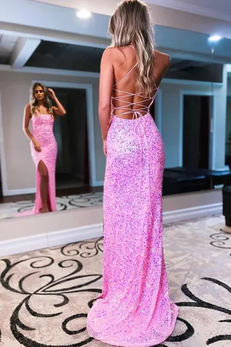 Vista 3 de Vestido formal de lentejuelas con cuello en V para mujer CM140