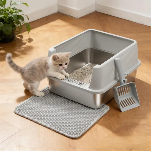 Vista 6 de Caja de arena de acero inoxidable con tapa, caja de arena de metal para gatitos, cajas de arena de entrada baja con pala y alfombra, caja de arena