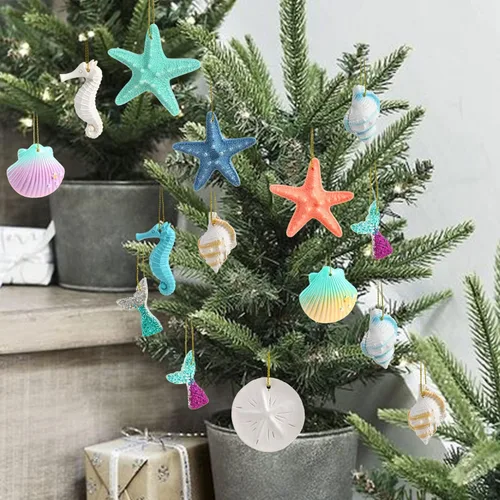 Vista 5 de CCINEE 40 adornos de resina de estrellas de mar, adornos colgantes multicolor con temática de océano de Navidad, conchas de mar con cuerdas