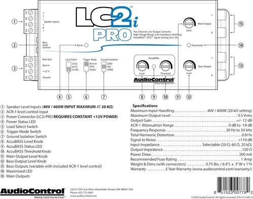 Vista 8 de AudioControl LC2i PRO - Convertidor de salida de línea de 2 canales con sensor de señal GTO y AccuBASS