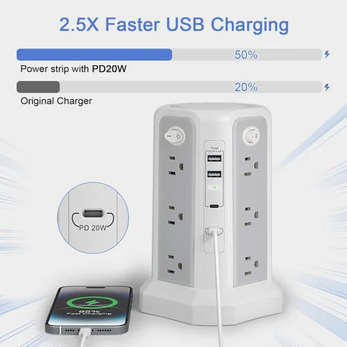 Vista 2 de Torre de regleta de protección contra sobretensiones (13A 1625W) 10 pies con puerto USB C PD20W Extension Cord with 12 AC Mutiple Outlets, Power
