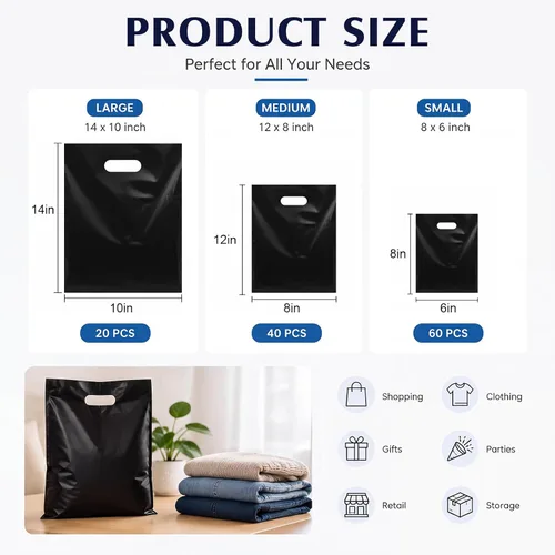 Vista 2 de Saintrygo 120 bolsas de compras negras de 2.36 mil con asas de 6 x 8/8 x 12/10 x 14 pulgadas, bolsas de plástico reutilizables para regalo, bolsas