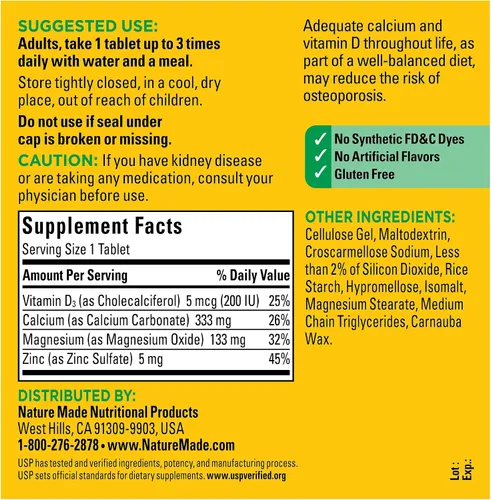 Vista 5 de Nature Made Calcio, Magnesio y Zinc con Vitamina D3, Suplemento Dietético para el Apoyo Óseo, 300 Tabletas