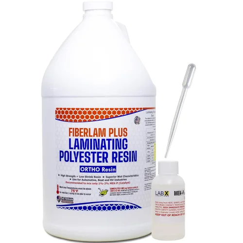 Vista 9 de FIBERLAM Plus 1-10G Resina de poliéster 1-10 galones +endurecedor MEKP; revestimiento de baja viscosidad para laminado de estera/biaxial/tela