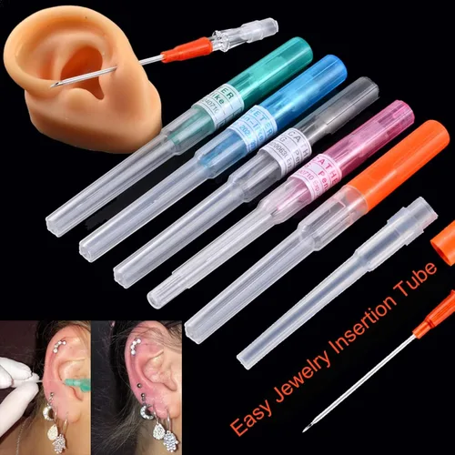 Vista 5 de Agujas de perforación de catéter 14G, 50 agujas de catéter intravenoso calibre 14, agujas huecas de acero inoxidable para oreja, nariz, labio