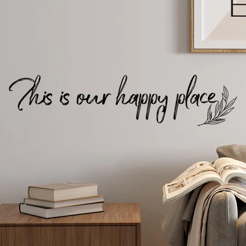 Vista 5 de Calcomanías de pared para sala de estar con texto en inglés "This is Our Happy Place" (This is Our Happy Place), calcomanía de pared con frase