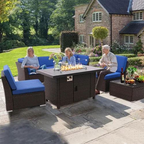 Vista 7 de Juego de 8 muebles de patio al aire libre con mesa para fogata de propano de 46 pulgadas, muebles de mimbre de polietileno marrón, sofá seccional