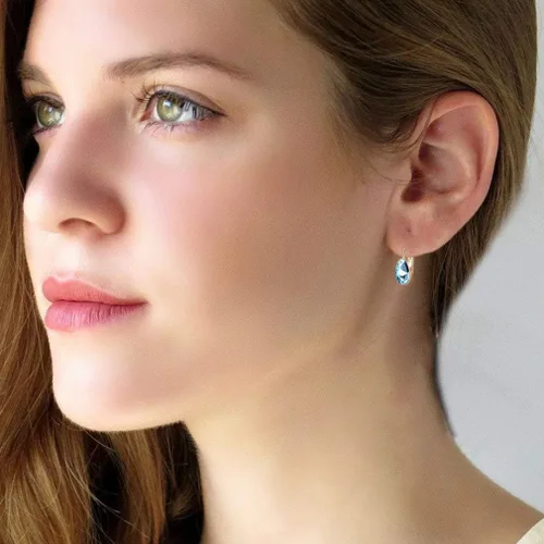 Vista 7 de Aretes colgantes de cristal Swarovski para mujer, de cierre catalán, diseño de lágrima, chapados en oro rosa de 14 quilates, joyería hipoalergénica