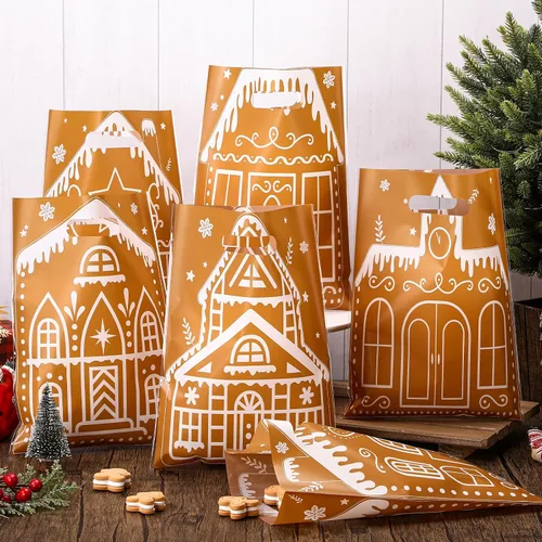 Vista 2 de Sinmoe 200 bolsas de plástico de Navidad a granel, bolsa de regalo de mercancía de Navidad con asa de 9 x 12 pulgadas, reutilizable, bolsa de regalo