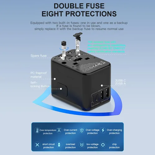 Vista 3 de Adaptador de viaje universal, adaptador de corriente internacional de 30 W y 5 puertos con 3 USB C y 2 USB A de carga rápida, convertidor de enchufe