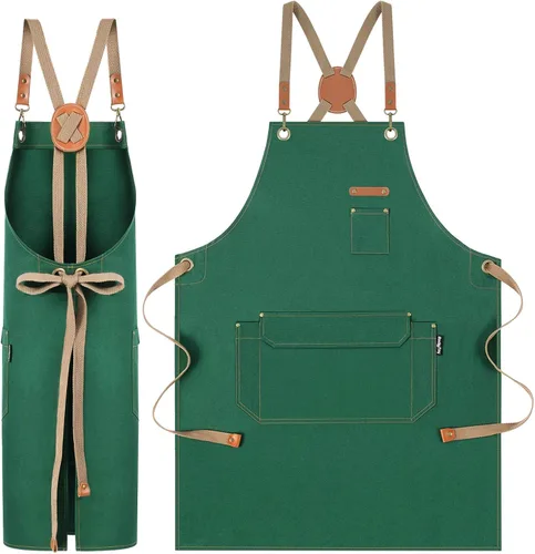 Vista 14 de Delantal de chef con correas cruzadas en la espalda para hombres y mujeres, delantal de lona de algodón para pintura de artistas, cocina
