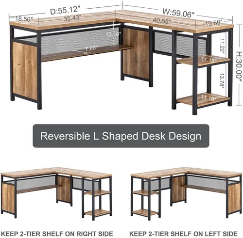 Vista 4 de FATORRI Escritorio para computadora en forma de L y mesa consola para sala de estar (roble rústico)