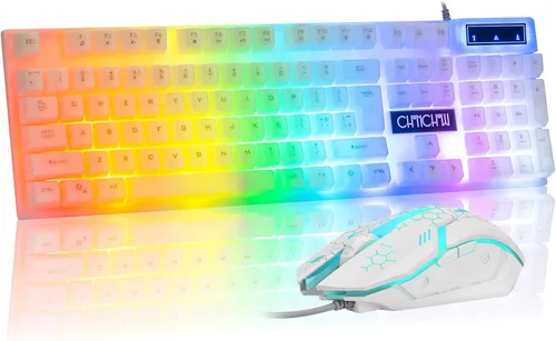 Vista 9 de CHONCHOW Combo de teclado y mouse iluminados, teclado LED RGB para juegos de tamaño completo y mouse para juegos con cable arcoíris para PS4, PS5