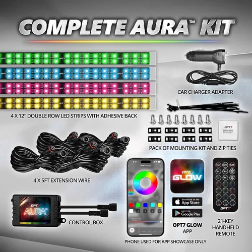 Vista 6 de OPT7 Aura Pro 4 piezas Tiras de luz LED dobles para interior de auto con APP y control remoto, modo multicolor, kit de iluminación de acento de neón